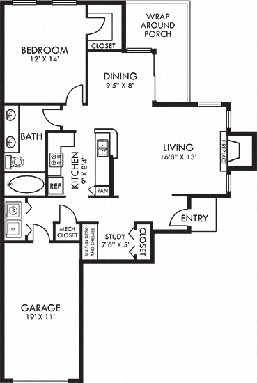 Floor plan for 1 bed, 1 bath, 945 sqft